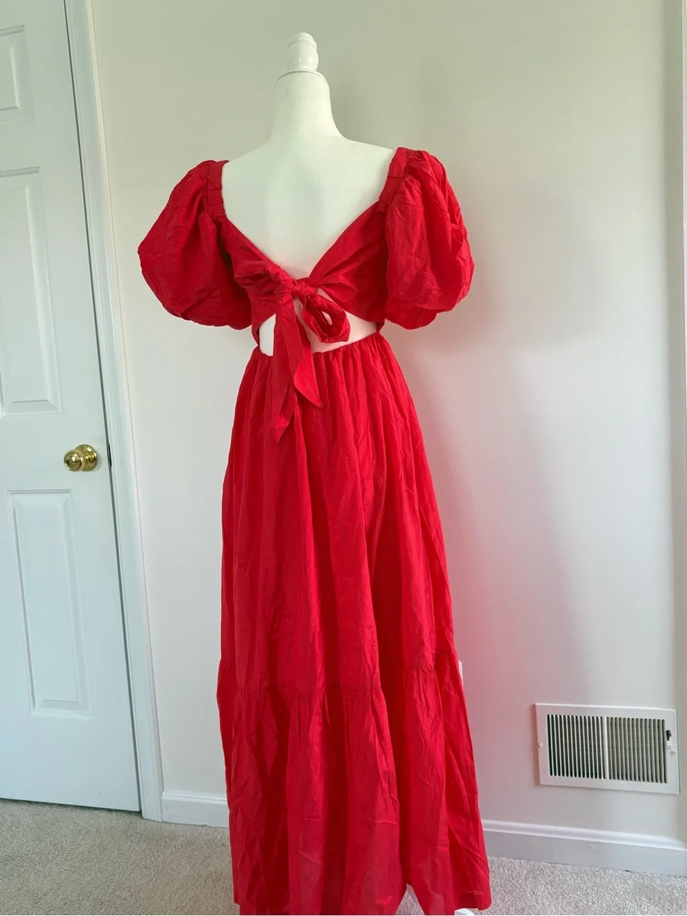 Abercrombie & Fitch Red Puff-Sleeve Square-Neck Maxi Dress